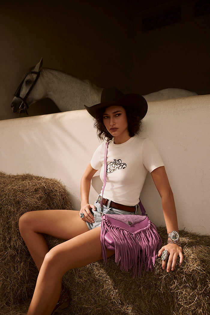 Myra Wild West Fringe Leather Crossbody Bag in Purple