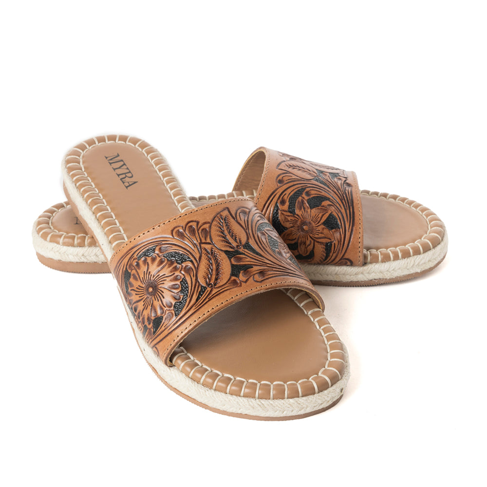 Myra Dustlily Trail Handtooled Sandals in Rawhide Tan