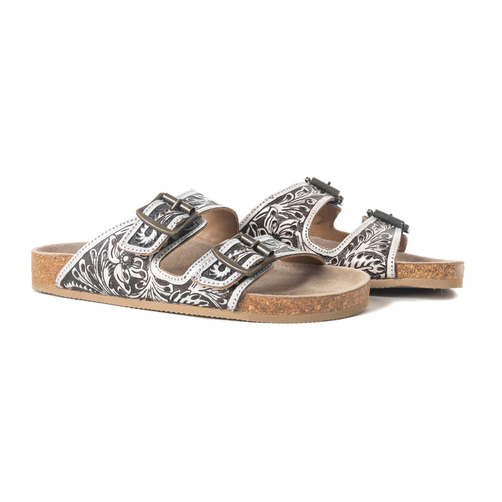 Myra Mesa Scroll Handtooled Sandals in Black & White