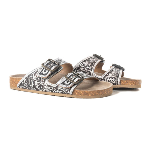 Myra Mesa Scroll Handtooled Sandals in Black & White