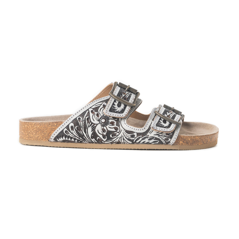 Myra Mesa Scroll Handtooled Sandals in Black & White