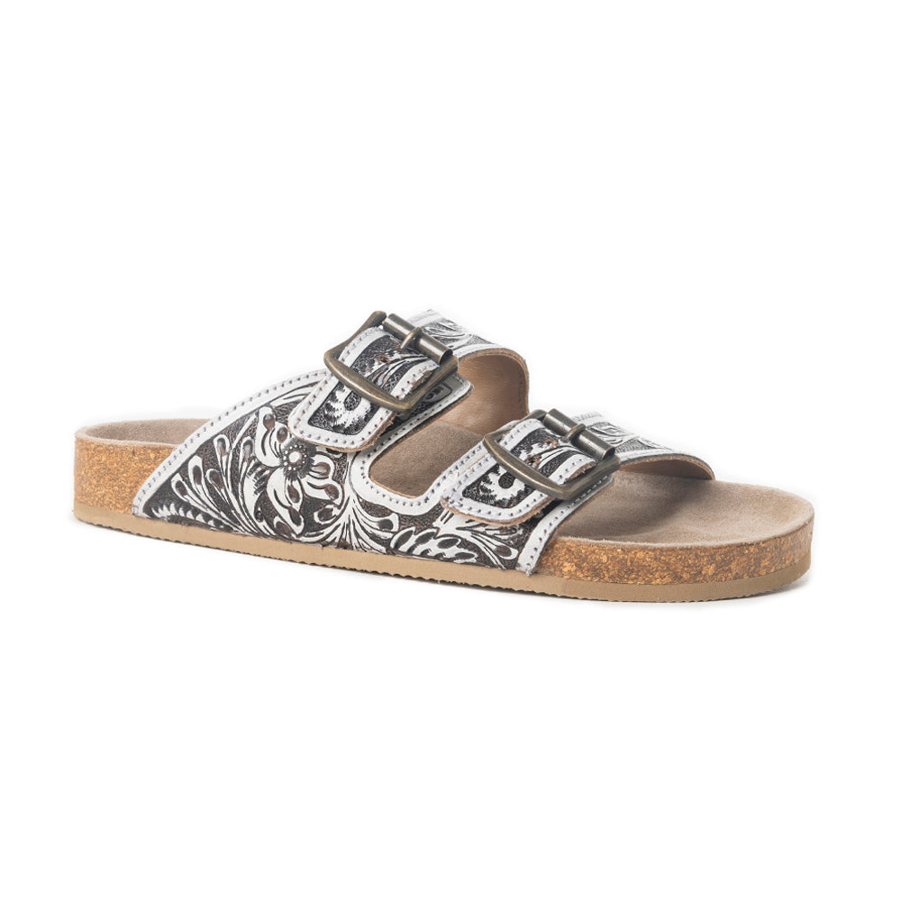 Myra Mesa Scroll Handtooled Sandals in Black & White