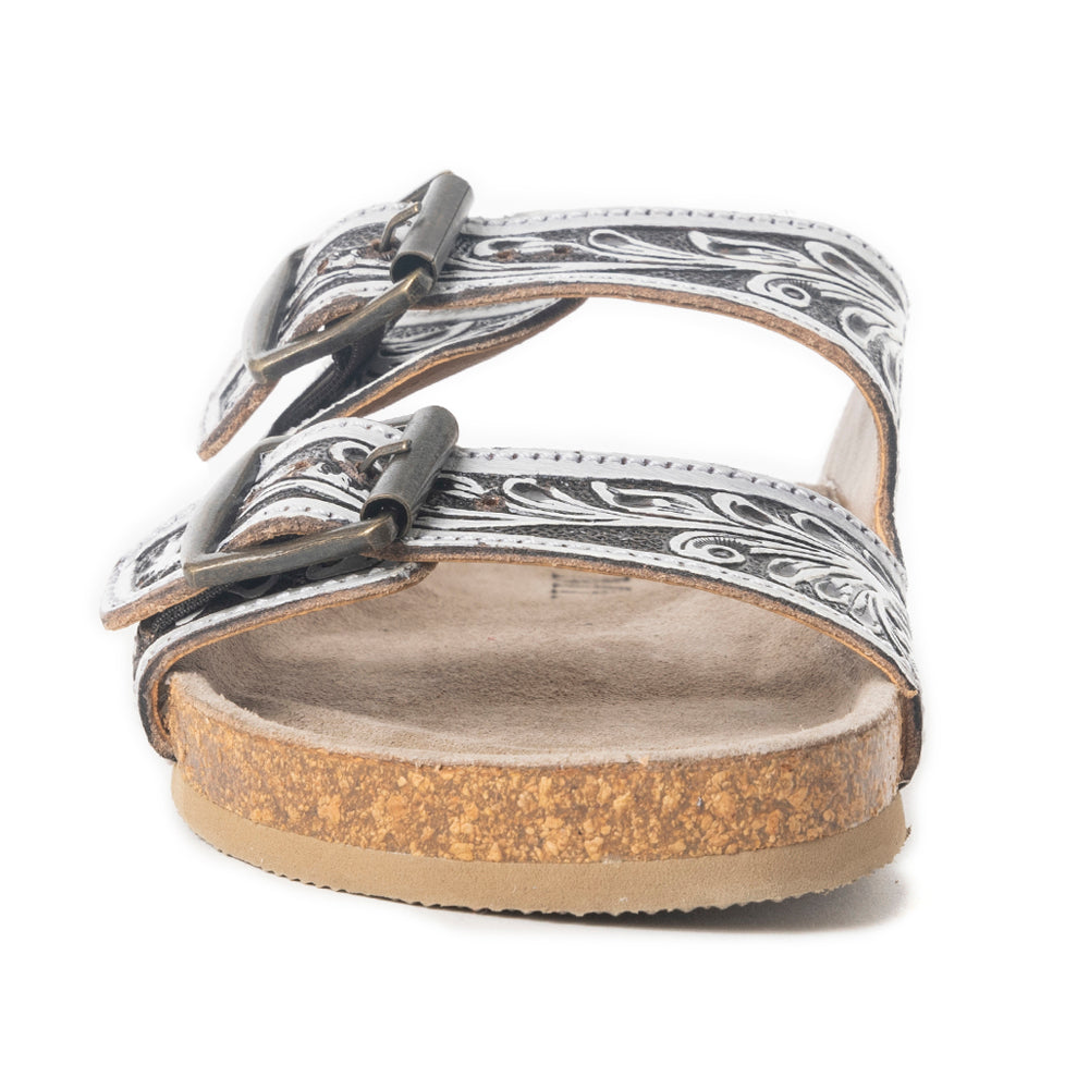 Myra Mesa Scroll Handtooled Sandals in Black & White