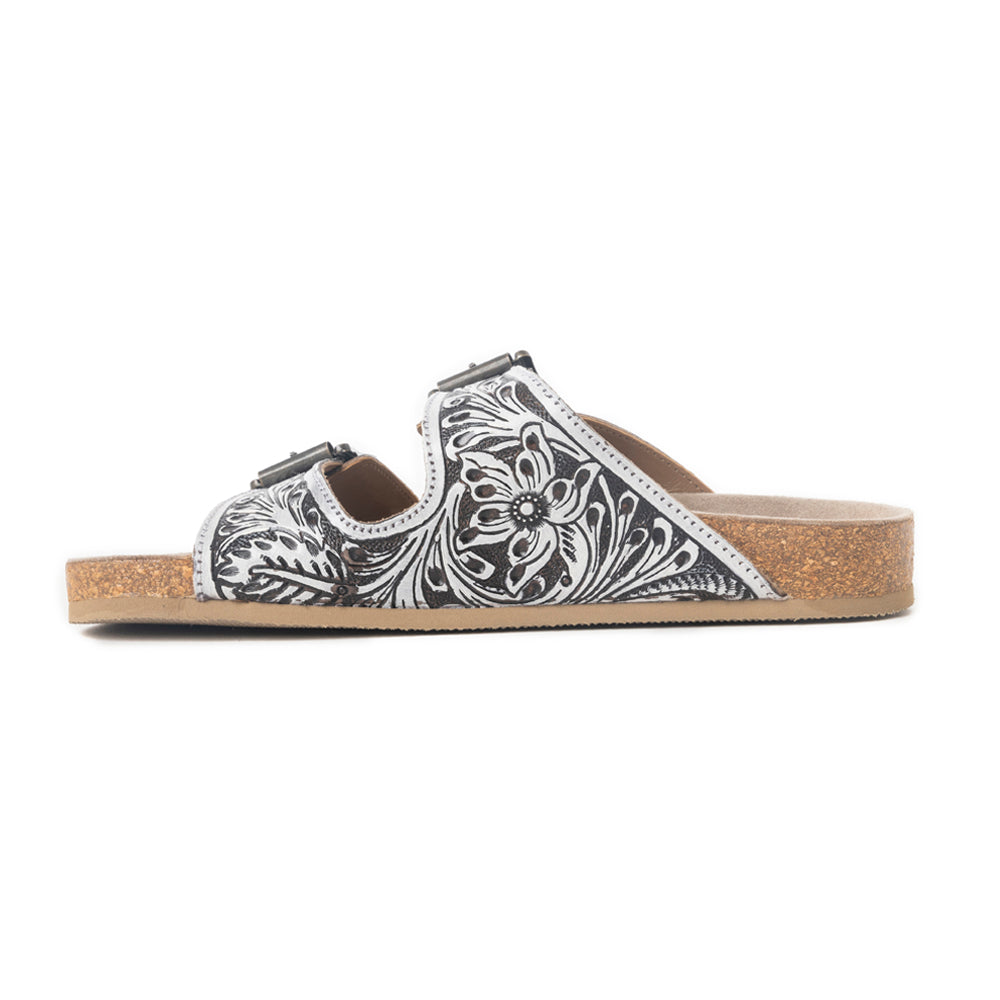 Myra Mesa Scroll Handtooled Sandals in Black & White