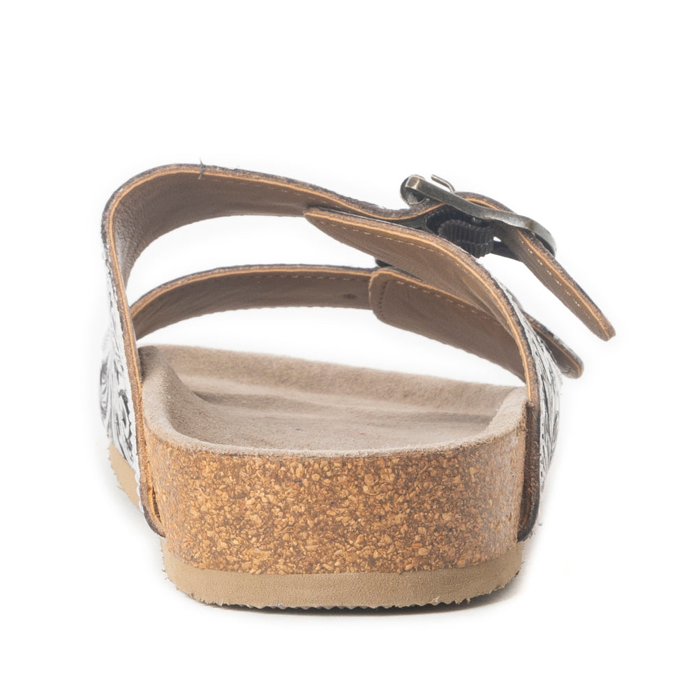 Myra Mesa Scroll Handtooled Sandals in Black & White