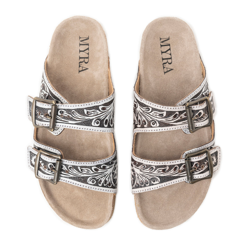 Myra Mesa Scroll Handtooled Sandals in Black & White