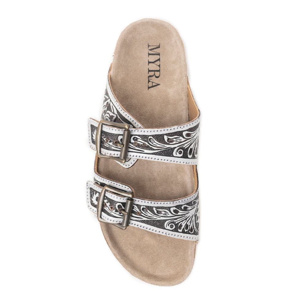 Myra Mesa Scroll Handtooled Sandals in Black & White