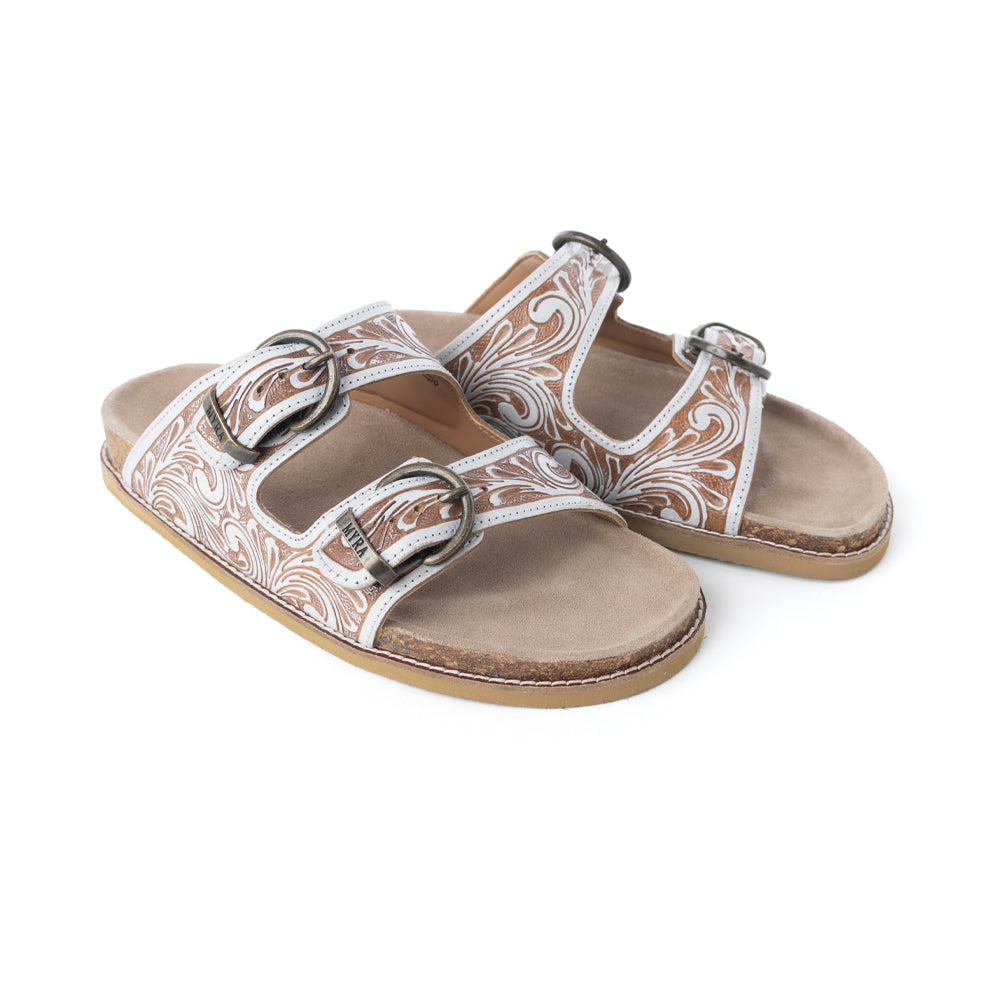 Myra Marlowe Western Handtooled Leather Sandals in Ivory Bloom