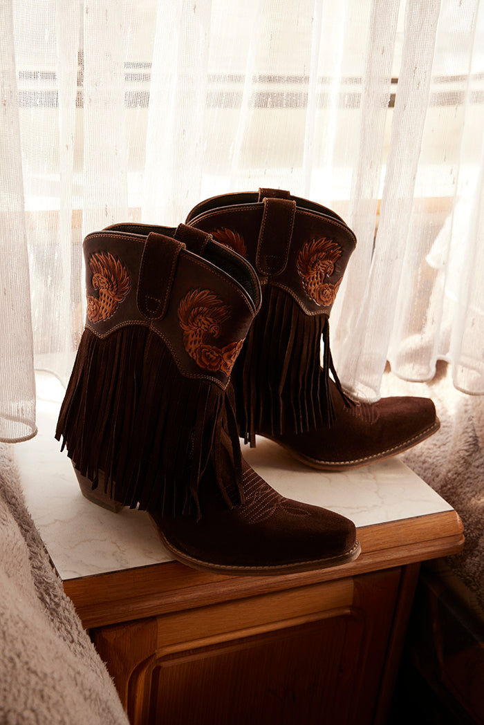 Myra Phoenix Rising Fringe Western Booties in Tawny Brown