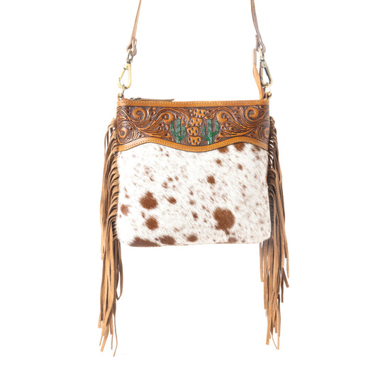 Myra Sonora Charm Handtooled Bag in Brown & White