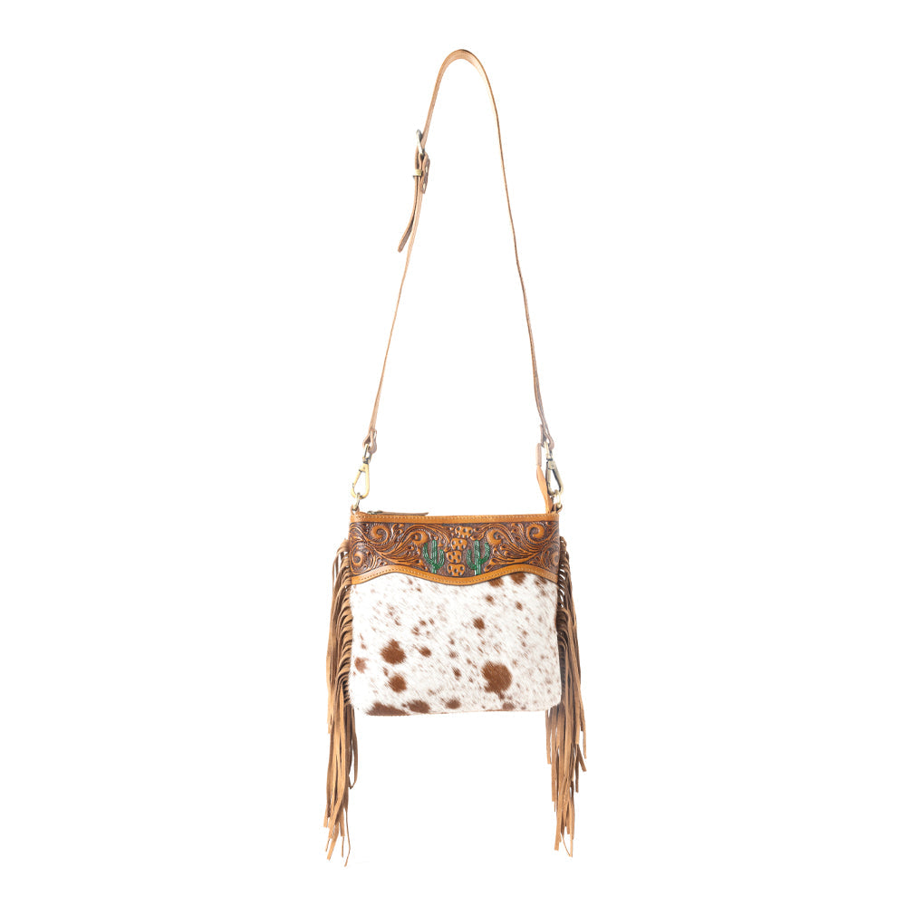 Myra Sonora Charm Handtooled Bag in Brown & White