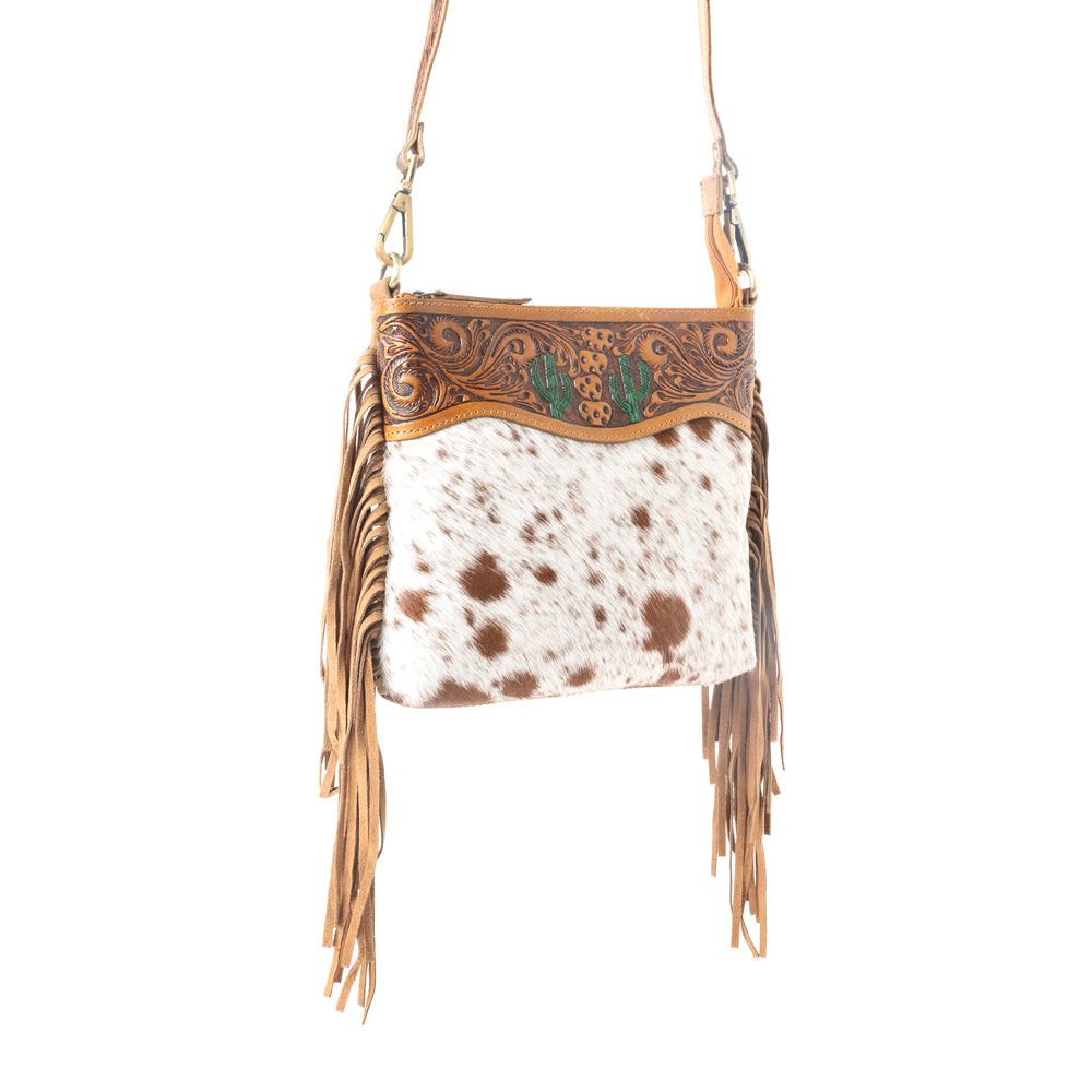 Myra Sonora Charm Handtooled Bag in Brown & White