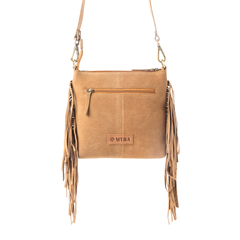 Myra Sonora Charm Handtooled Bag in Brown & White