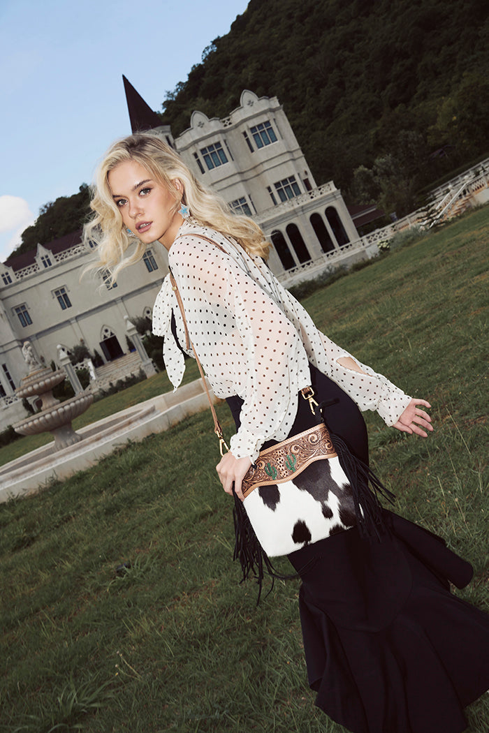 Myra Sonora Charm Handtooled Bag in Black & White