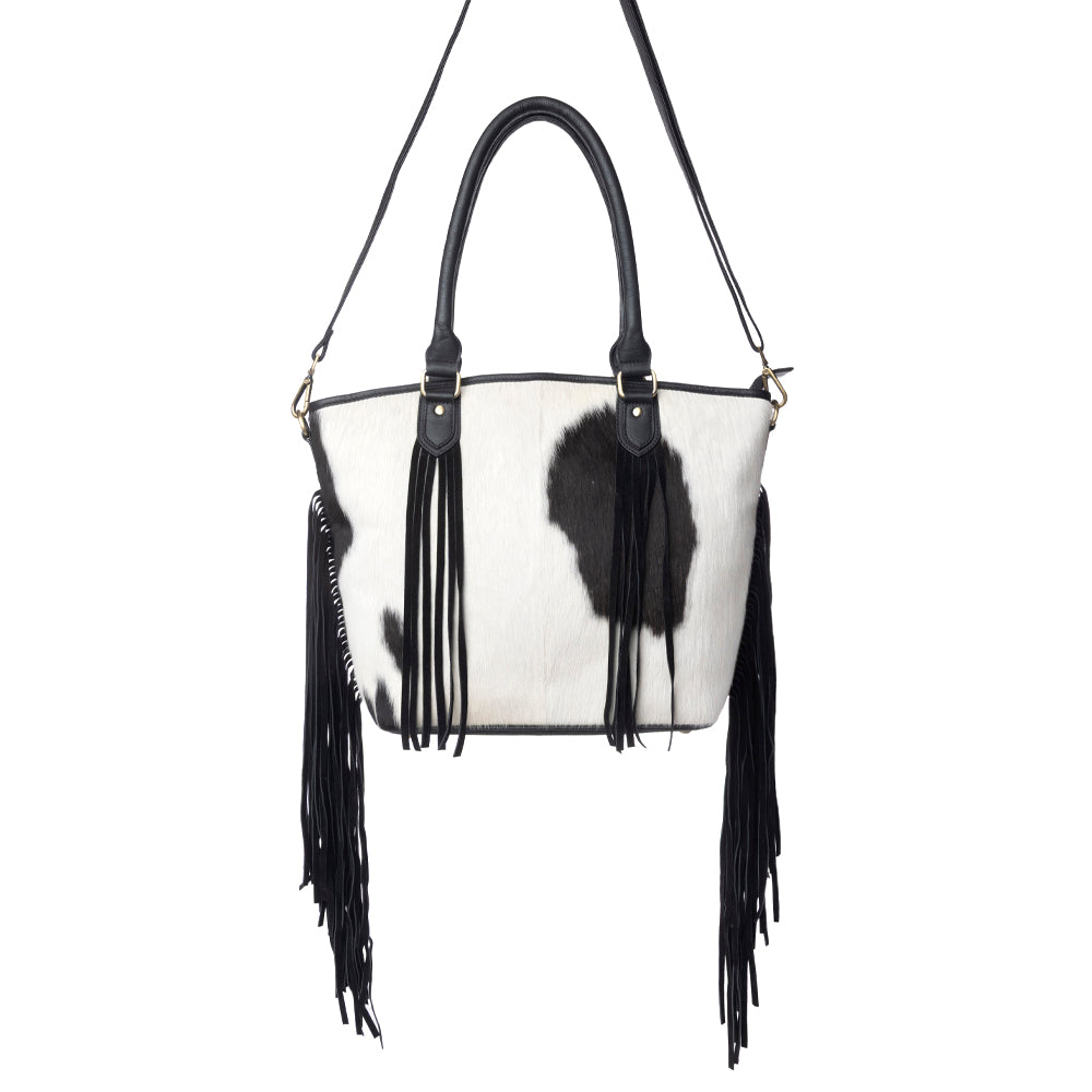 Myra High Plains Hairon Leather Concealed Fringe Carry Bag in Ebony Bone