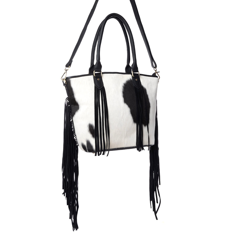 Myra High Plains Hairon Leather Concealed Fringe Carry Bag in Ebony Bone