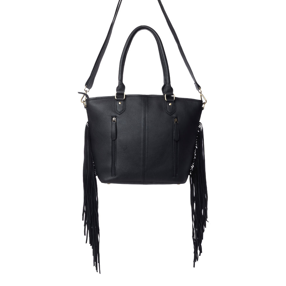 Myra High Plains Hairon Leather Concealed Fringe Carry Bag in Ebony Bone