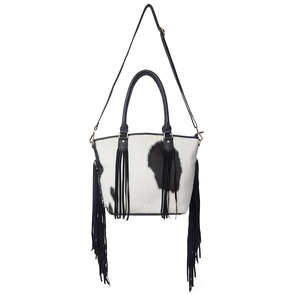 Myra High Plains Hairon Leather Concealed Fringe Carry Bag in Ebony Bone