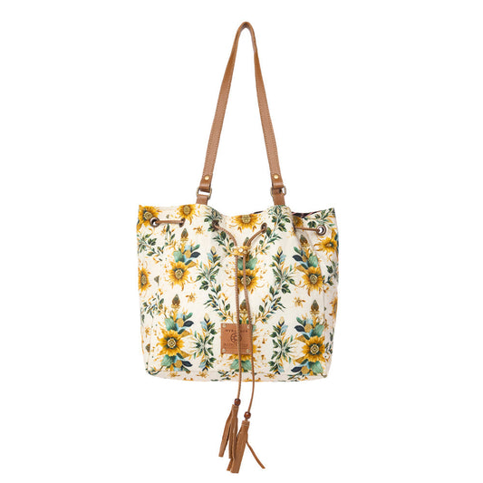 Myra Southern Bloom Cotton & Leather Bucket Bag in Chestnut Beige