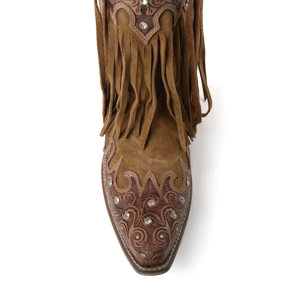 Myra Goldrush Gleam Fringed Handtooled Leather Boots in Dusty Oak