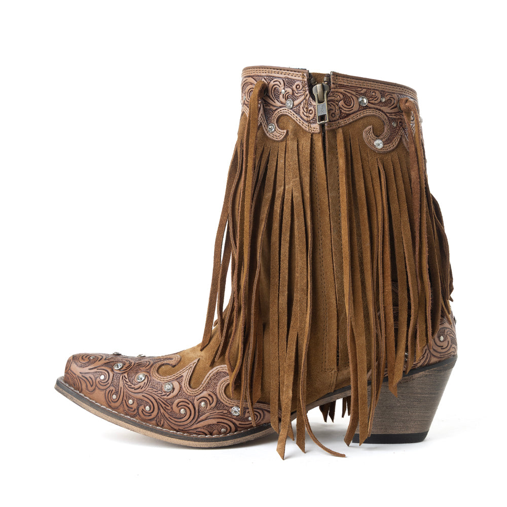 Myra Goldrush Gleam Fringed Handtooled Leather Boots in Dusty Oak