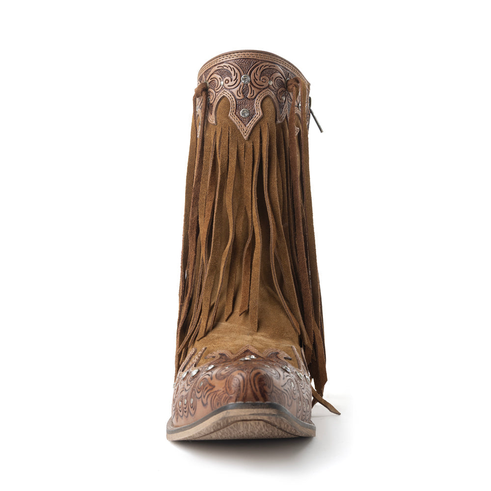 Myra Goldrush Gleam Fringed Handtooled Leather Boots in Dusty Oak