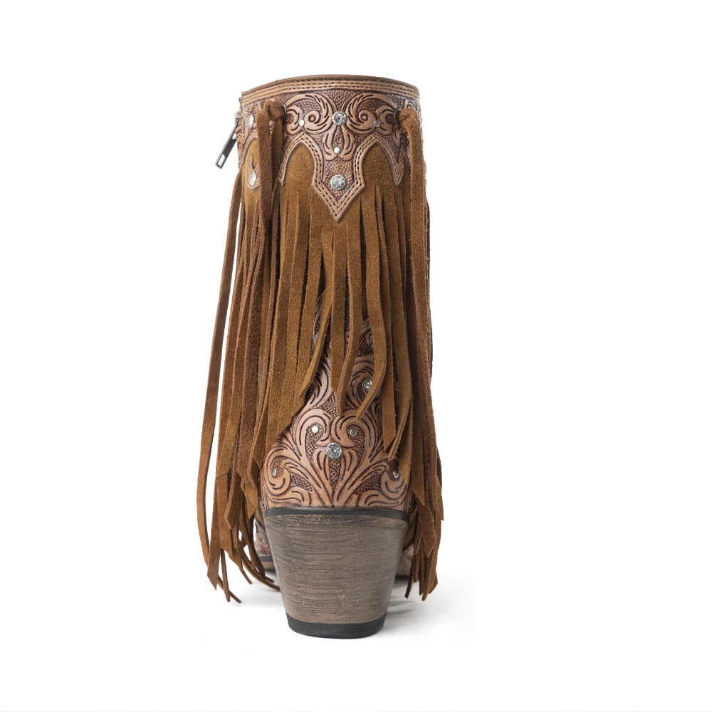 Myra Goldrush Gleam Fringed Handtooled Leather Boots in Dusty Oak