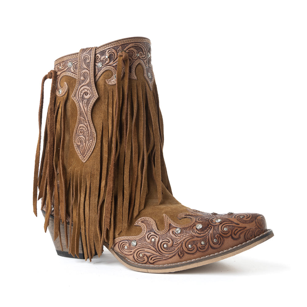 Myra Goldrush Gleam Fringed Handtooled Leather Boots in Dusty Oak