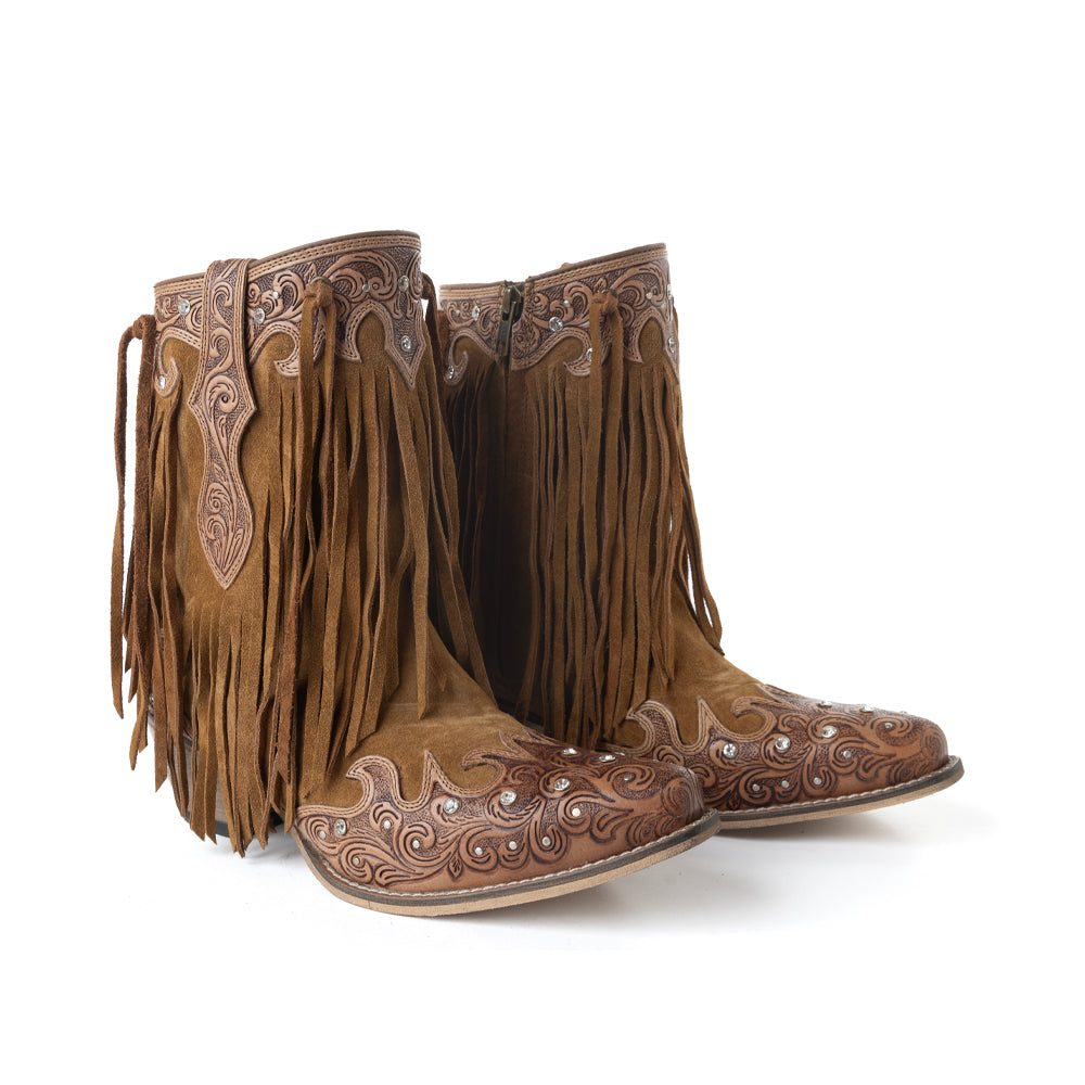 Myra Goldrush Gleam Fringed Handtooled Leather Boots in Dusty Oak