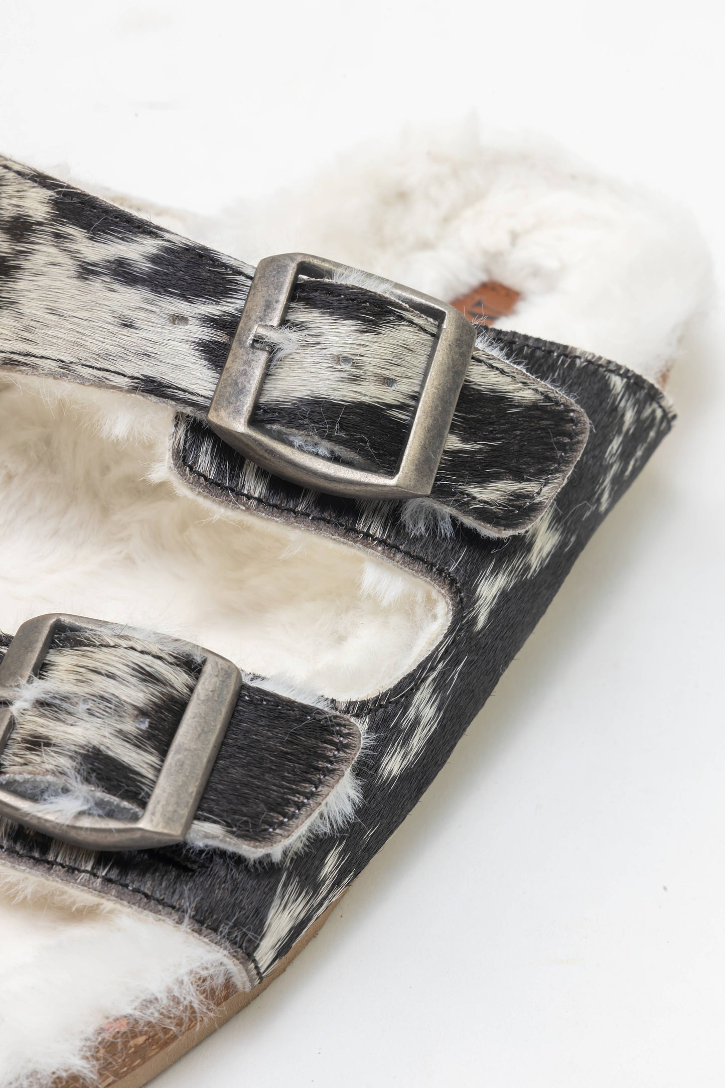 Myra Prairie Winds Fur Comfort Hairon Leather Sandals In Black & White