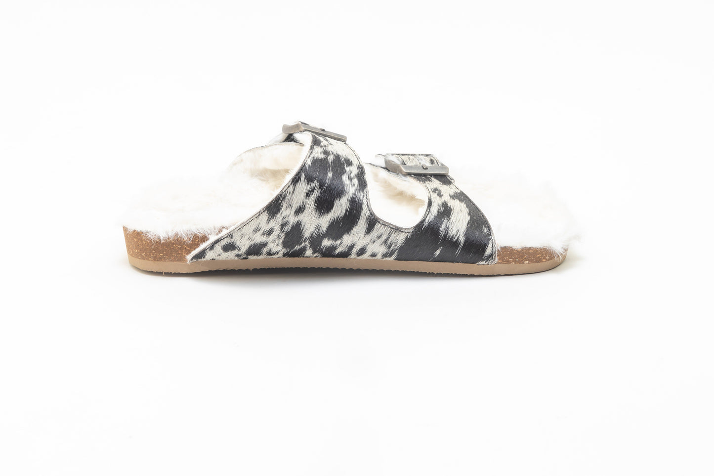 Myra Prairie Winds Fur Comfort Hairon Leather Sandals In Black & White