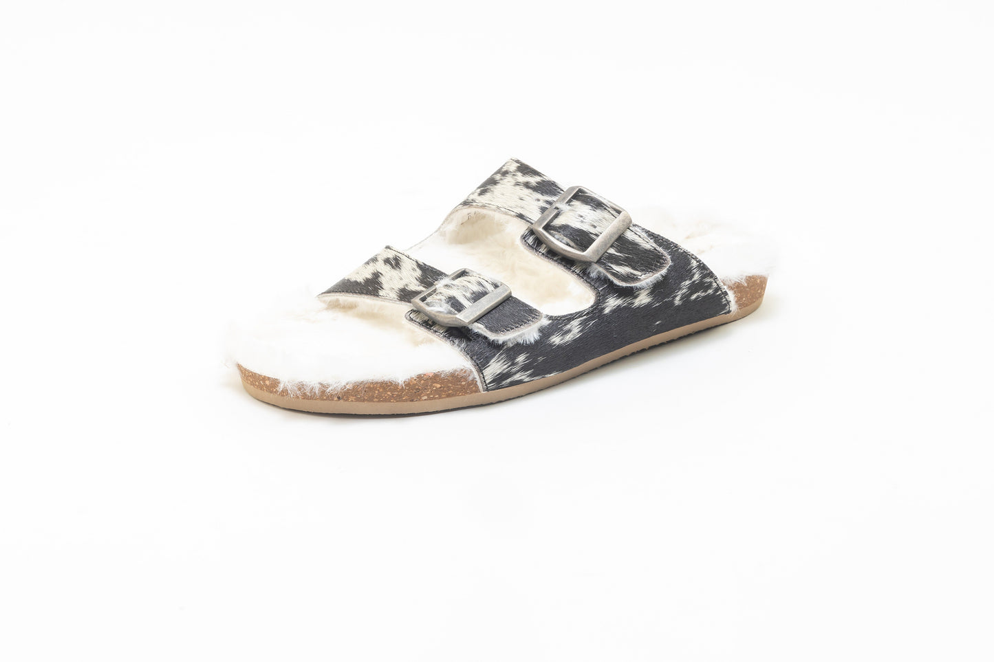 Myra Prairie Winds Fur Comfort Hairon Leather Sandals In Black & White