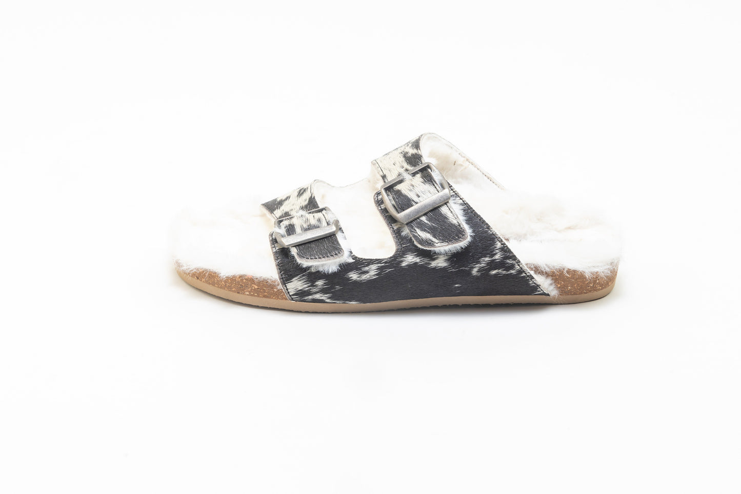 Myra Prairie Winds Fur Comfort Hairon Leather Sandals In Black & White