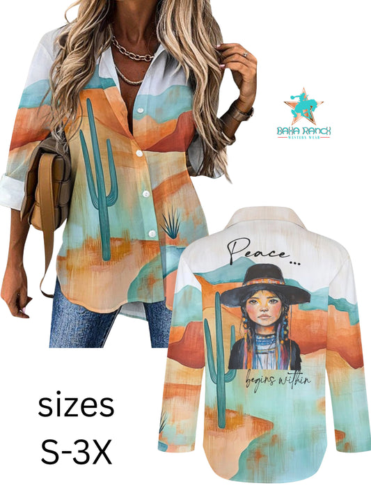 Peace Within Desert Cactus Button Up Blouse