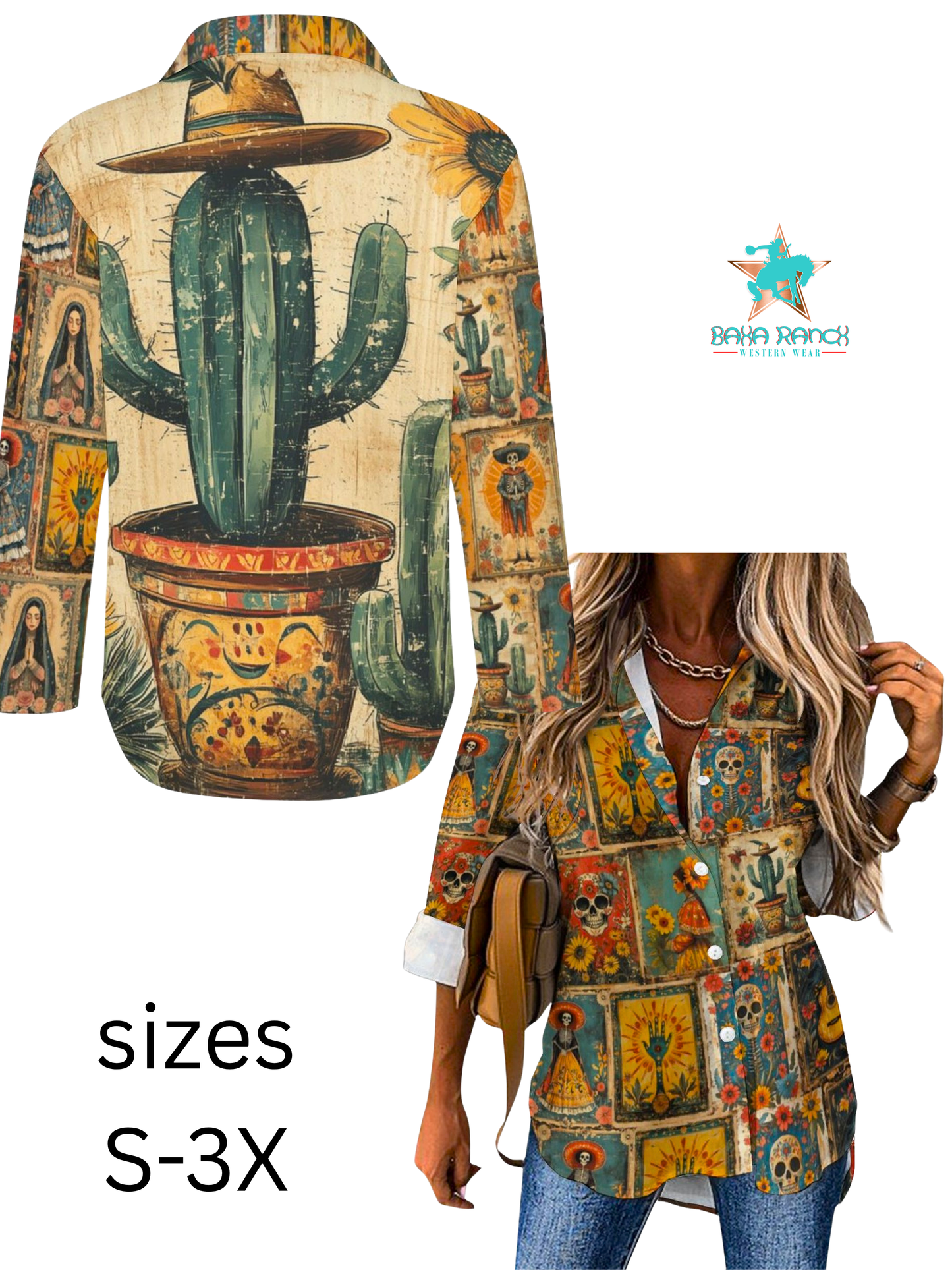 Colores de Mexico Dia de los Muertos Button Up Blouse