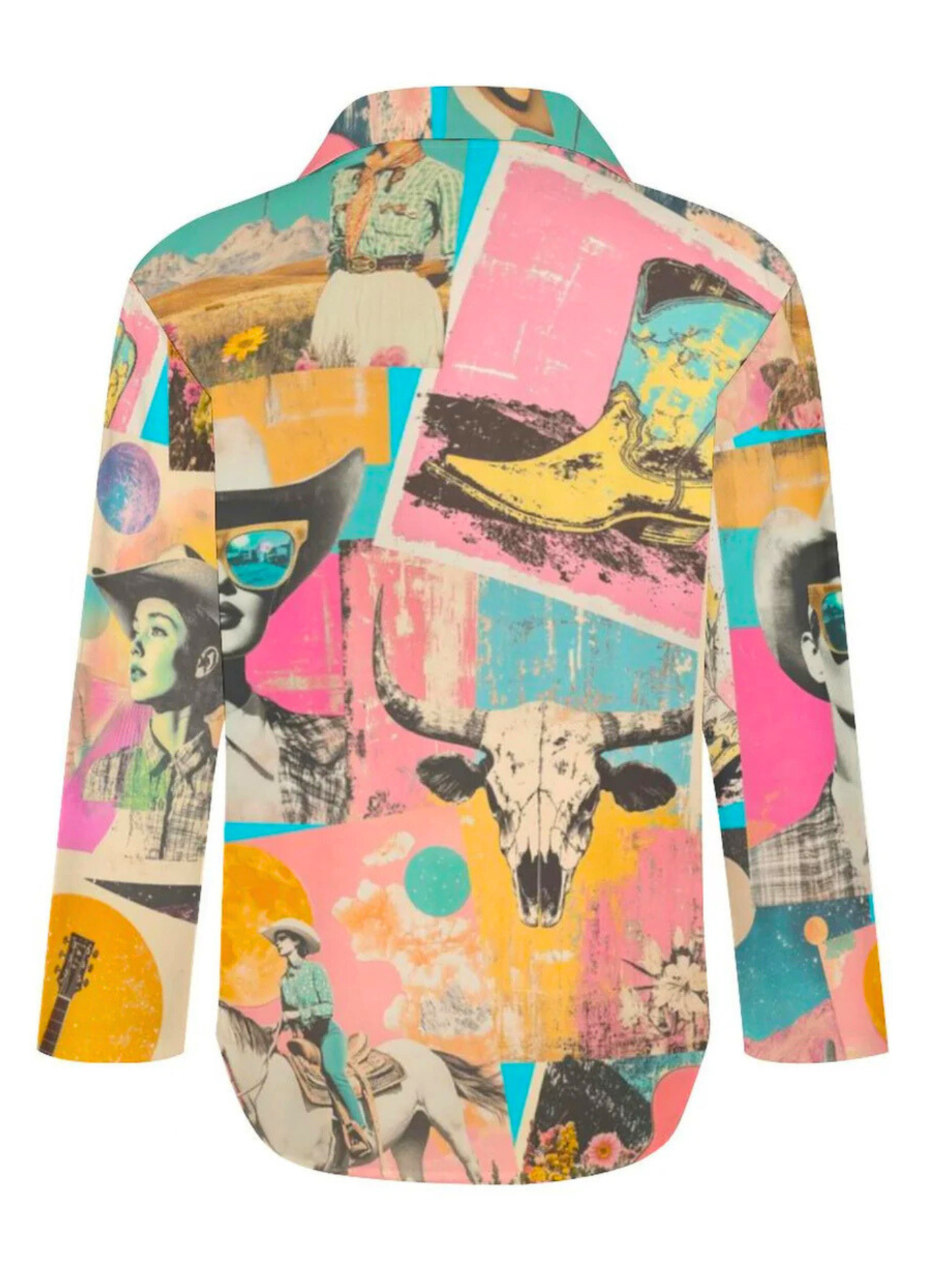 Pop Western Retro Cowgirl Collage Button Up Blouse