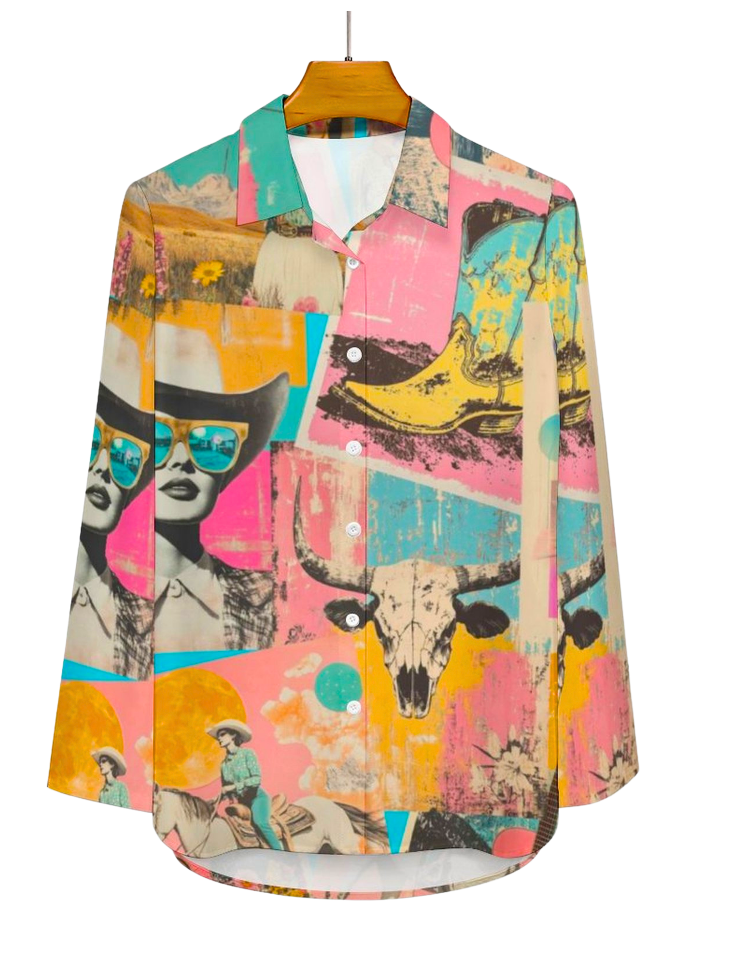 Pop Western Retro Cowgirl Collage Button Up Blouse