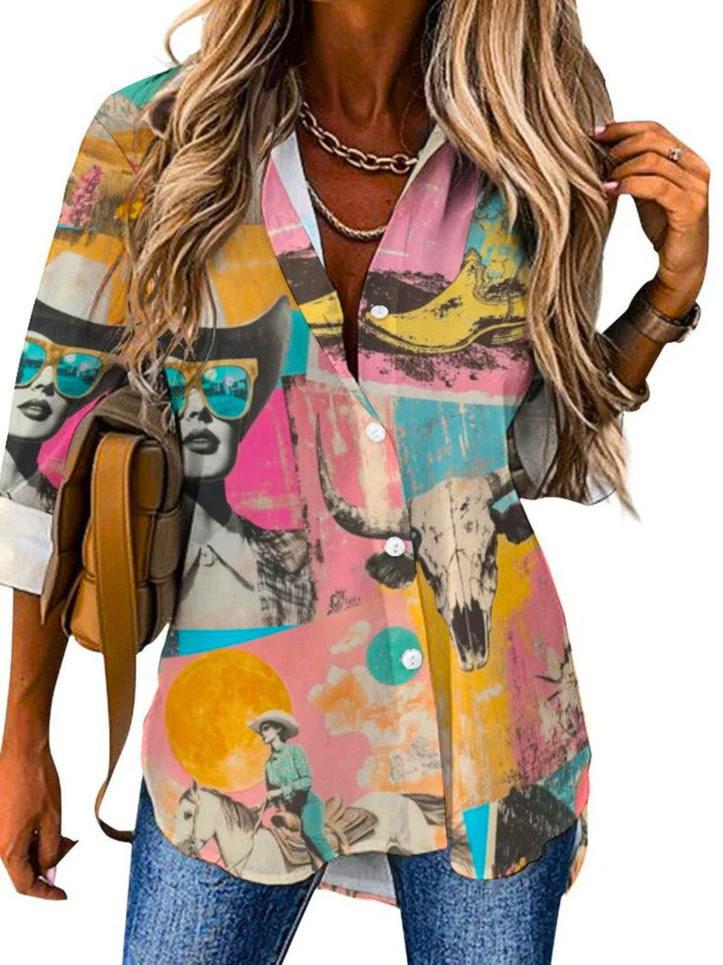 Pop Western Retro Cowgirl Collage Button Up Blouse