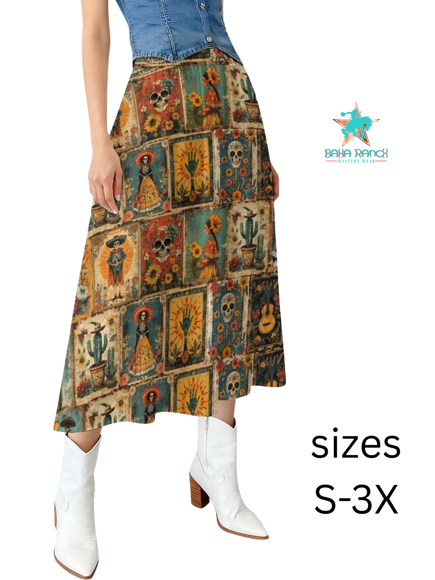 Colores de Mexico Dia de los Muertos Midi Skirt