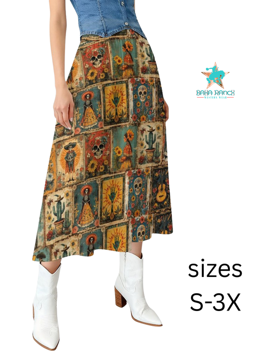 Colores de Mexico Dia de los Muertos Midi Skirt