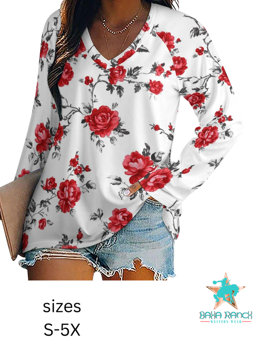 Colores de Mexico Red Rose Floral Long Sleeve Top