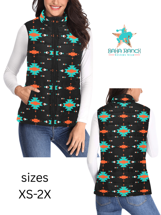 Turquoise Orange Aztec Women's Western Puffy Vest
