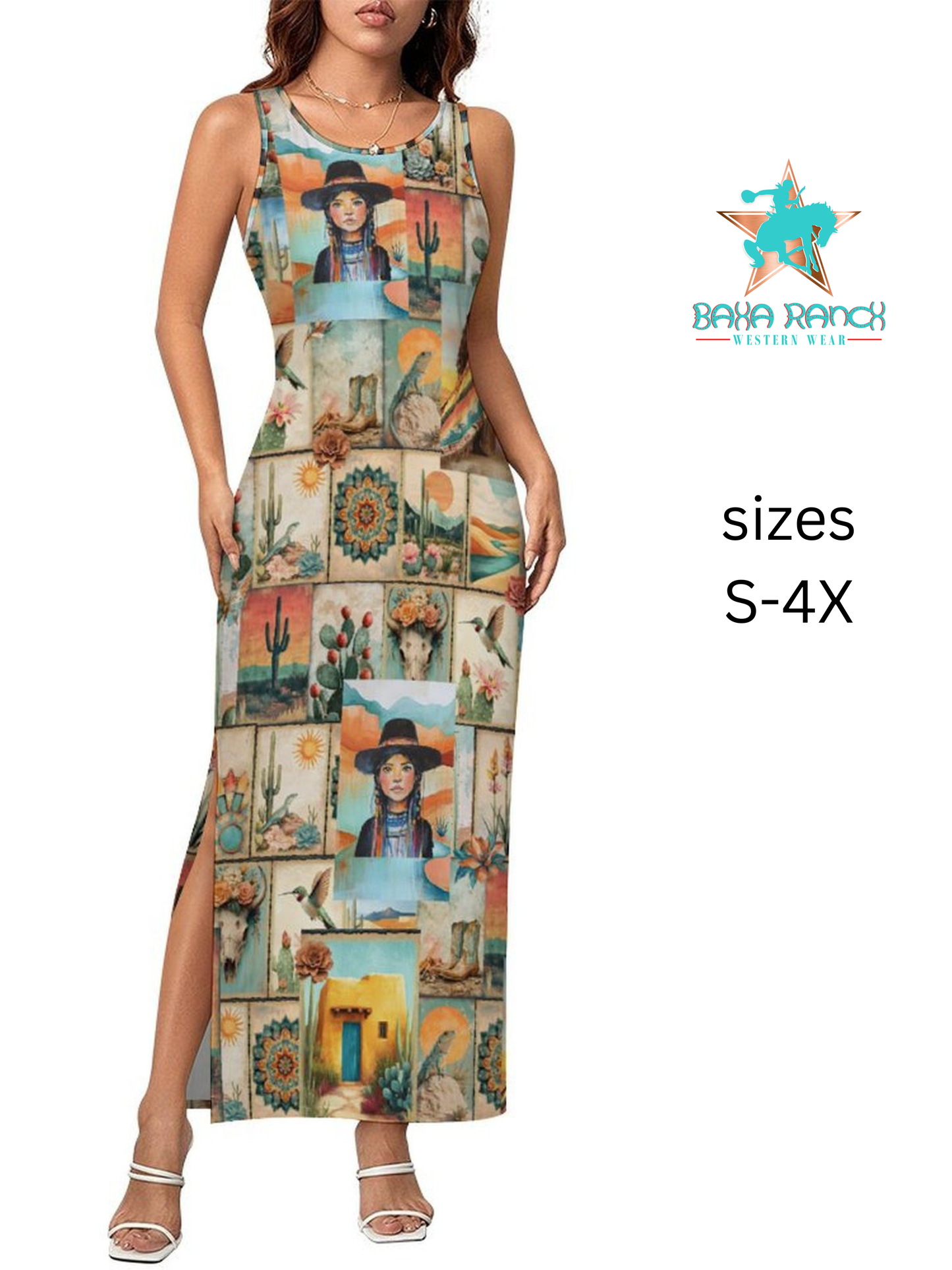 Colores de Mexico Pictures of the Southwest Sleeveless Bodycon Side Slit Long Dress