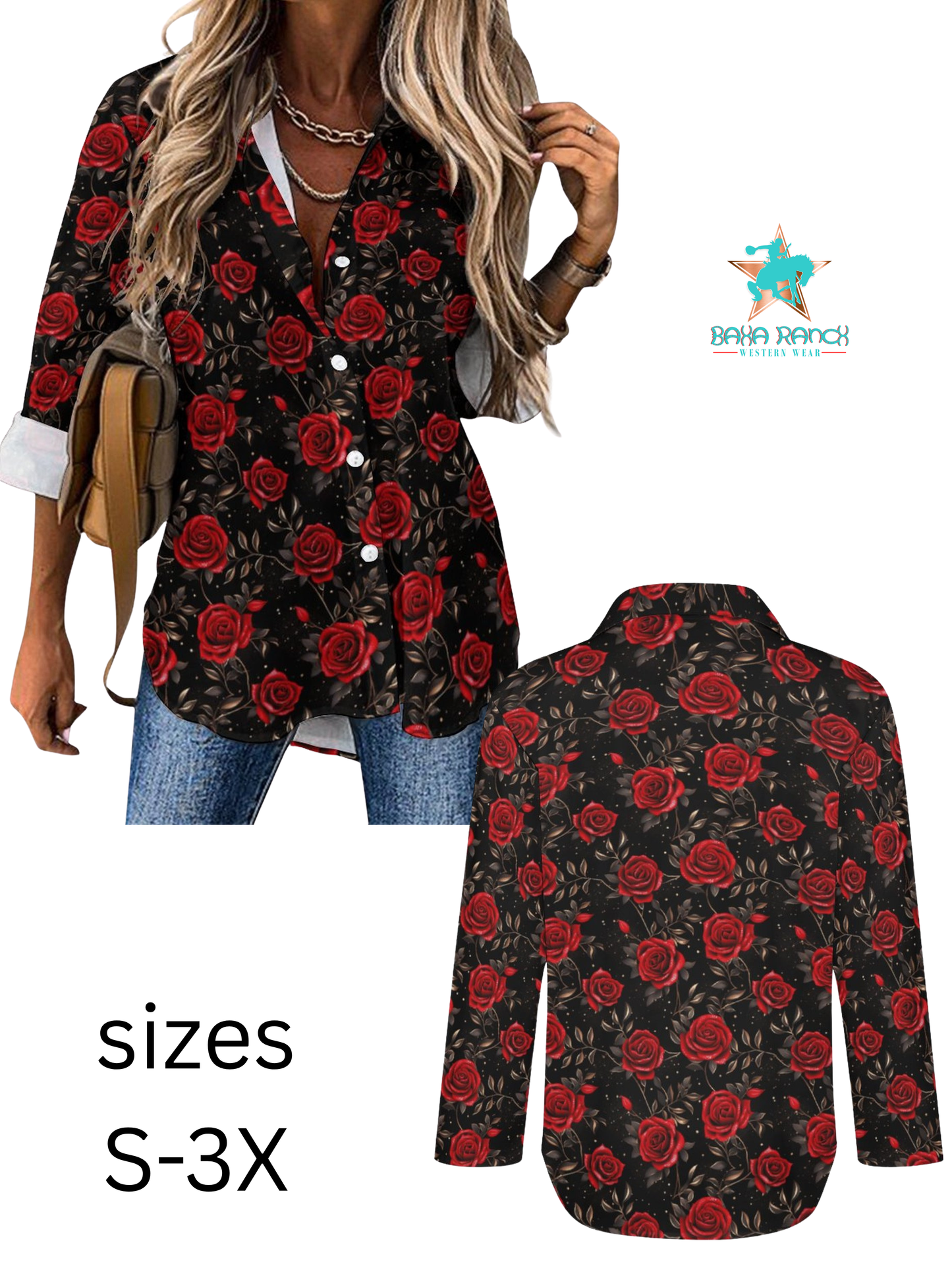 Colores De Mexico Romantic Red Roses Button Up Blouse