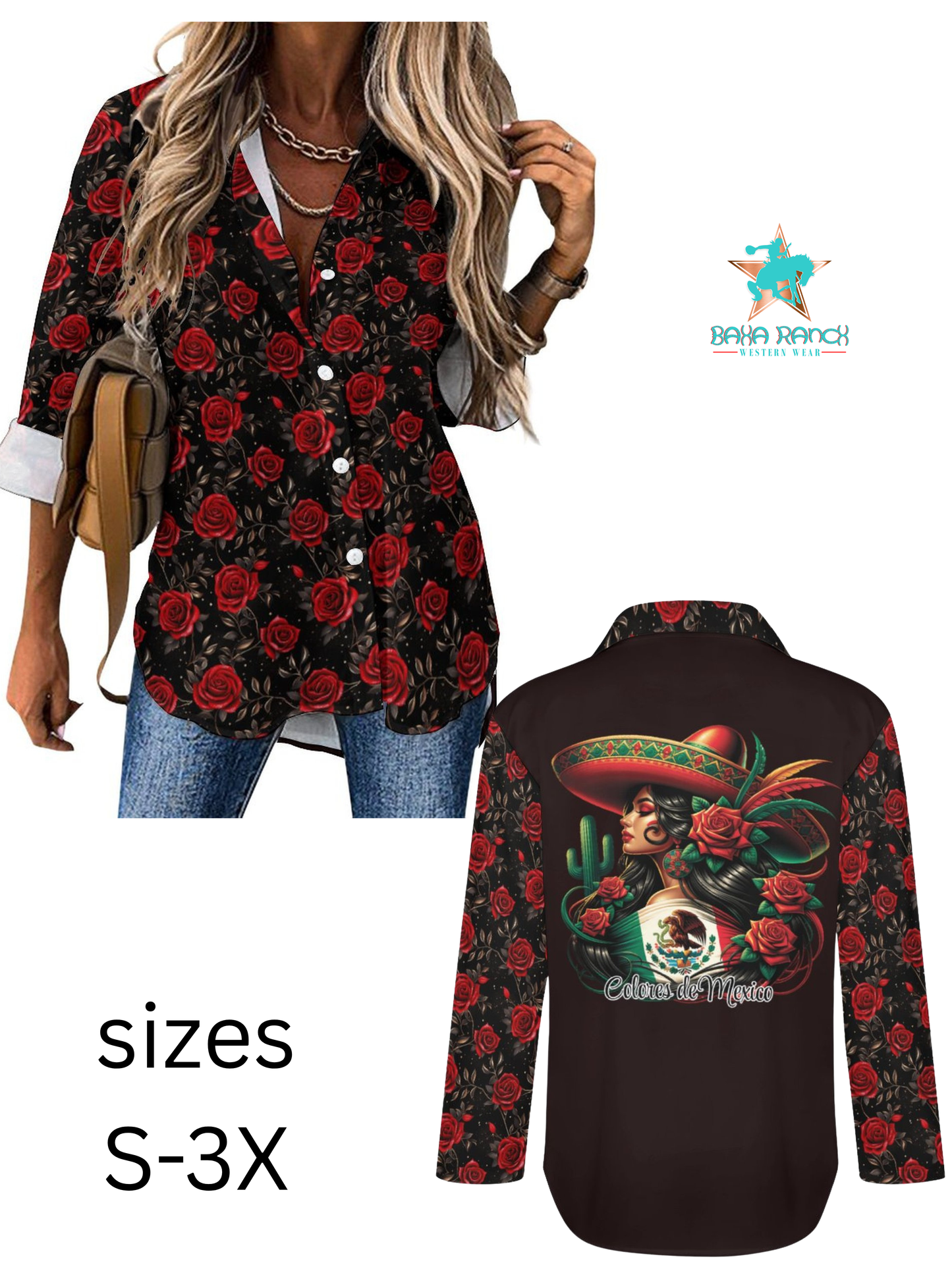 Colores De Mexico Rose Floral Button Up Blouse
