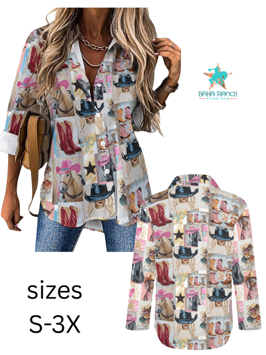 Danilo Painted Cowgirl Collage Button Up Shirt
