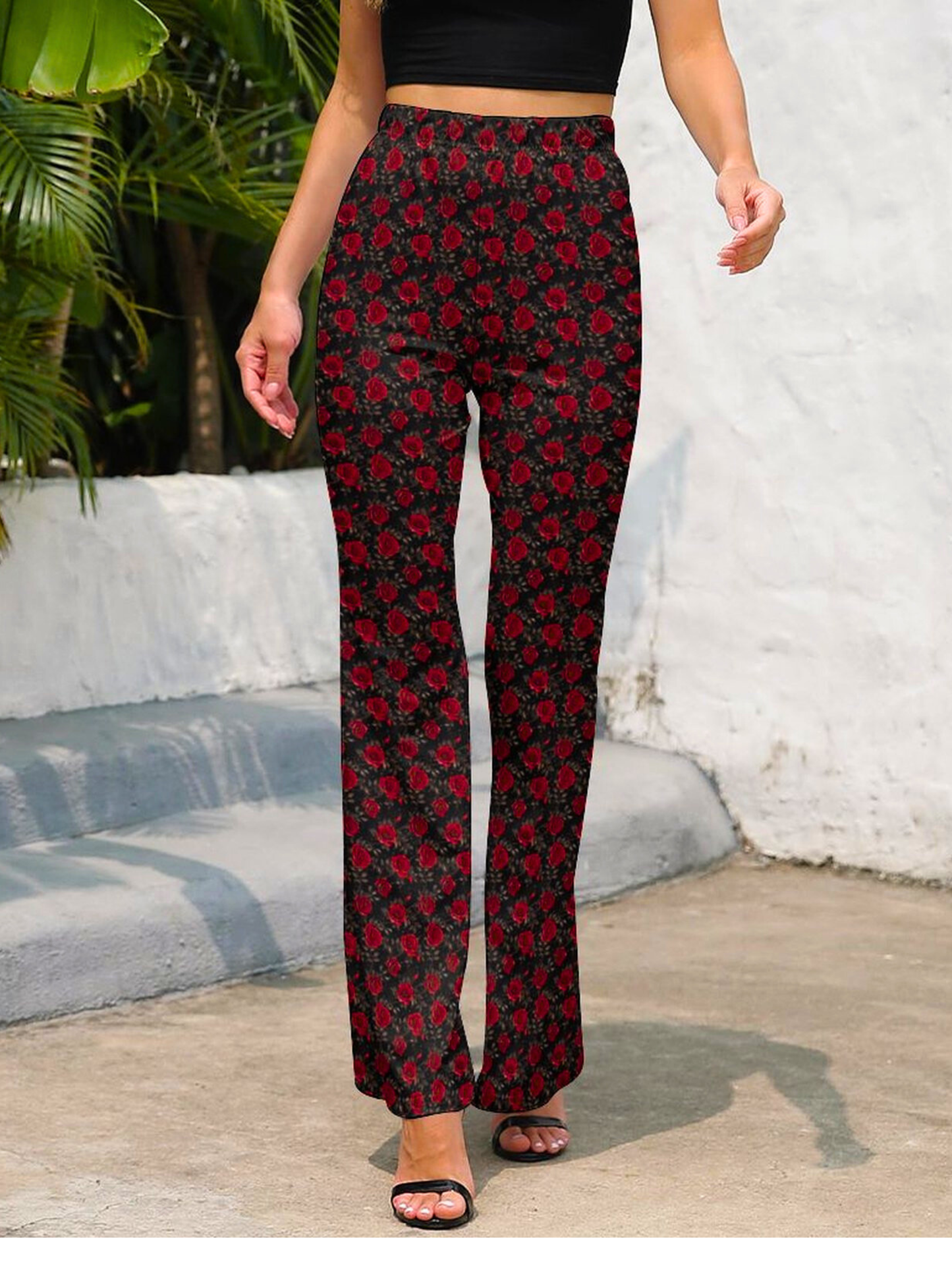 Colores de Mexico Romantic Red Roses Flare Pants