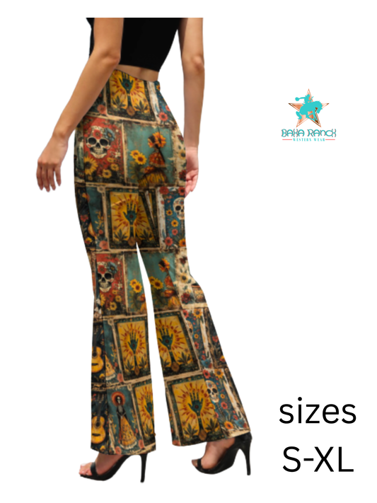 Colores de Mexico Dia de los Muertes Flare Pants