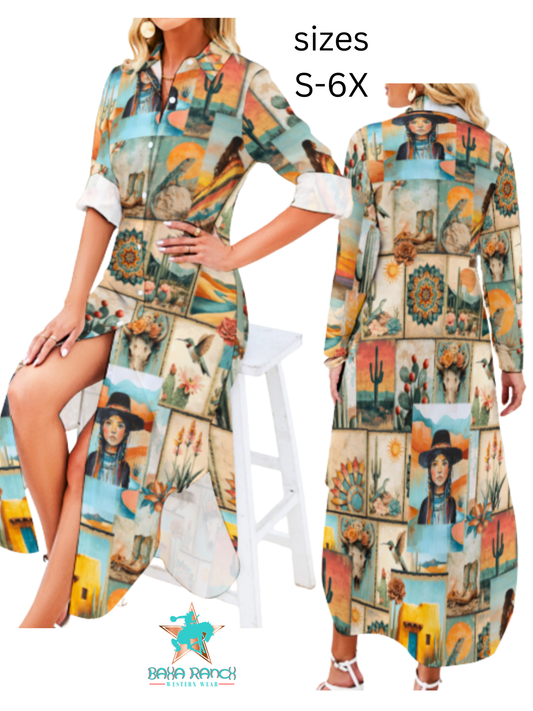 Colores de Mexico Pictures of the Southwest Button-Up Long Sleeve Shirt Dress Duster