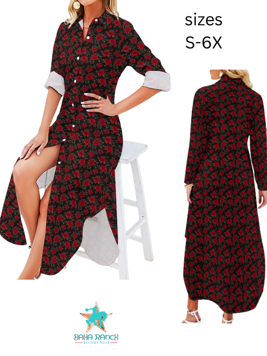 Colores de Mexico Romantic Roses Button-Up Long Sleeve Shirt Dress